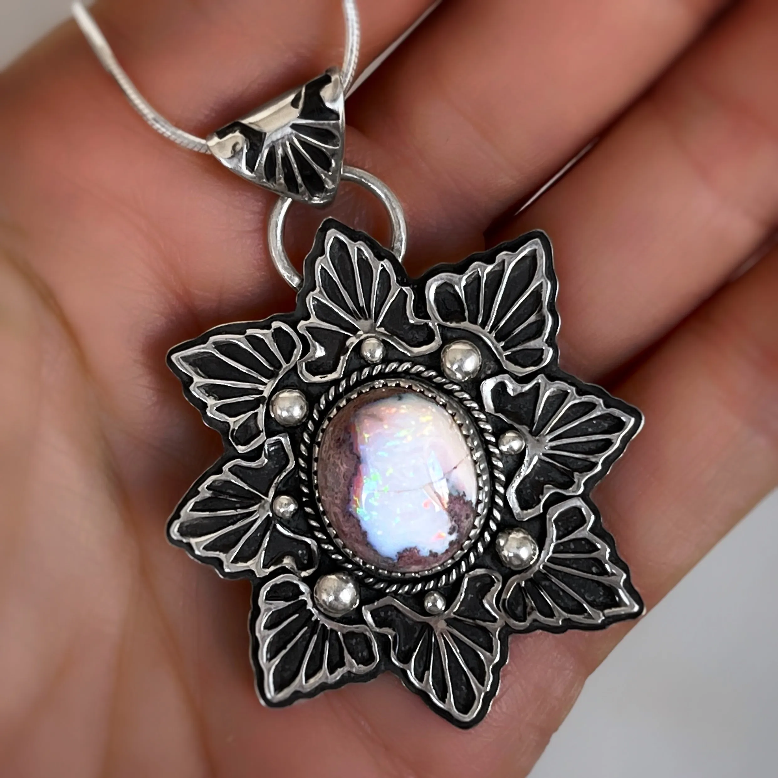 Stamped star necklace with hydrophane opal