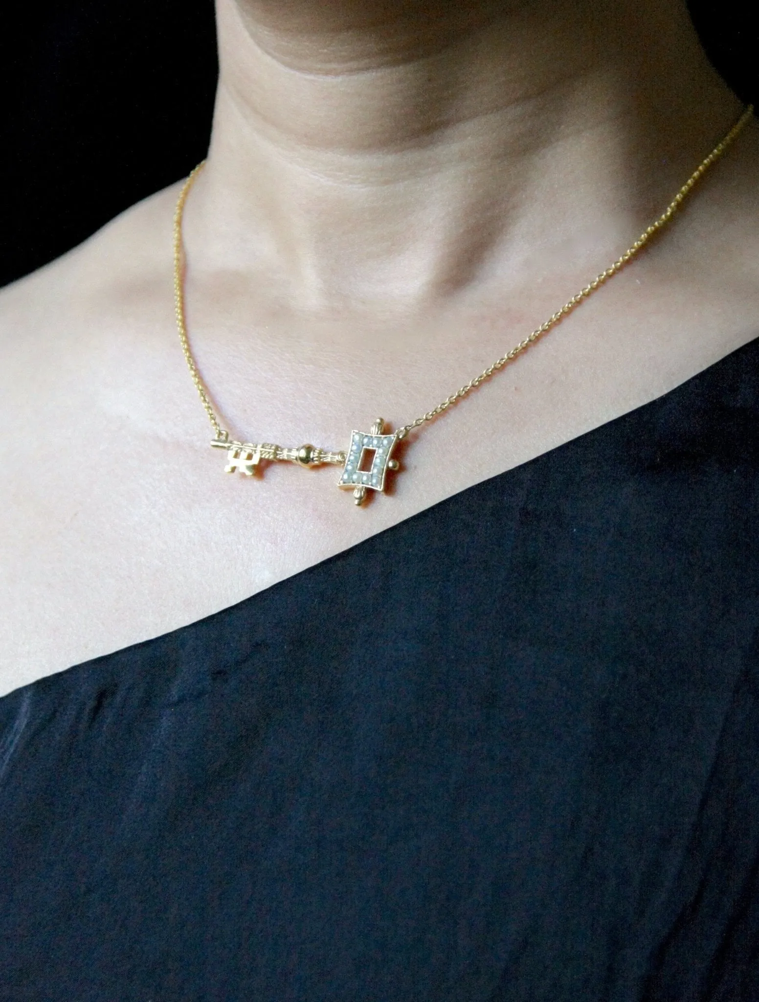 Stunning, soulful, pearl encrusted, gold-plated key pendant necklace