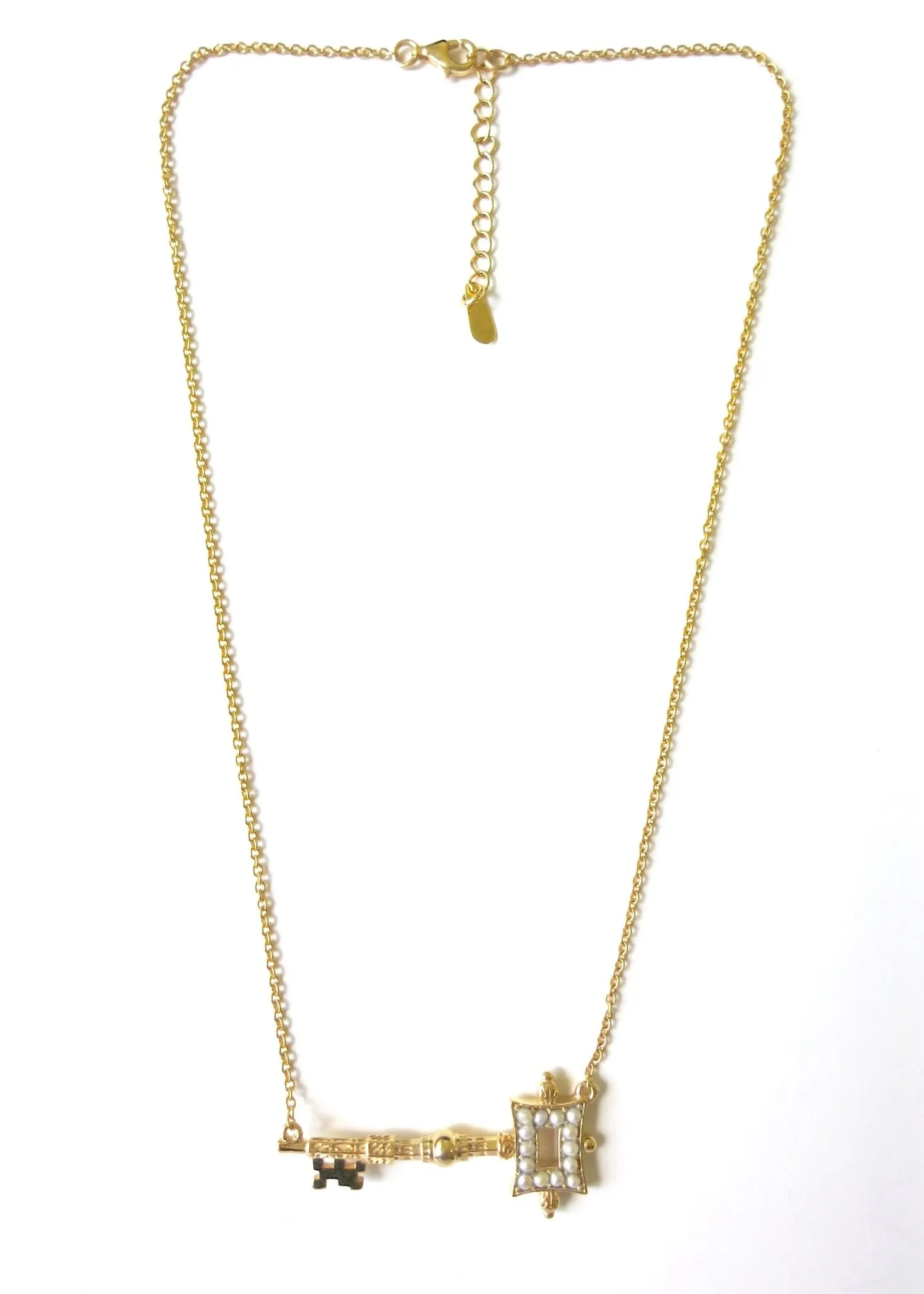 Stunning, soulful, pearl encrusted, gold-plated key pendant necklace