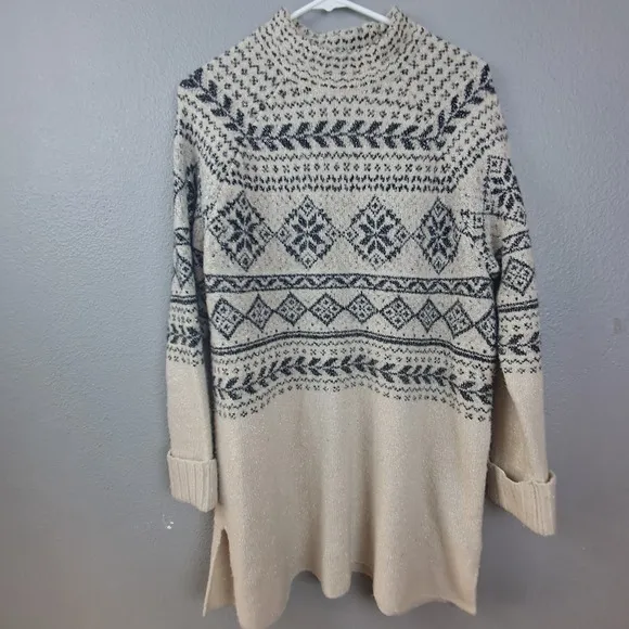 Style &amp; Co Fair Isle Tunic Sweater Sparkle Mock Neck Long Sleeve Size M