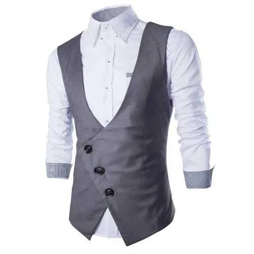 Stylish V-Neck Solid Color Oblique Placket Slimming Sleeveless Cotton Blend Waistcoat For Men - Gray Xl
