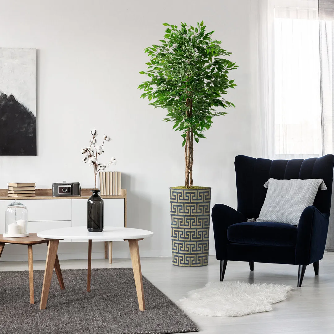 Tall Fake Plants Faux Ficus Tree in Neutral Pattern Planter Indoor And Outdoor Artificial Plants SIGNLEADER Base Color: Navy Retro Totem Pattern