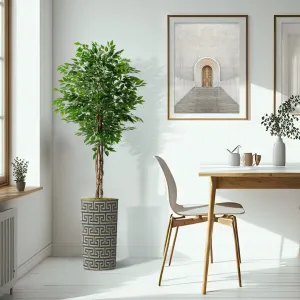 Tall Fake Plants Faux Ficus Tree in Neutral Pattern Planter Indoor And Outdoor Artificial Plants SIGNLEADER Base Color: Navy Retro Totem Pattern