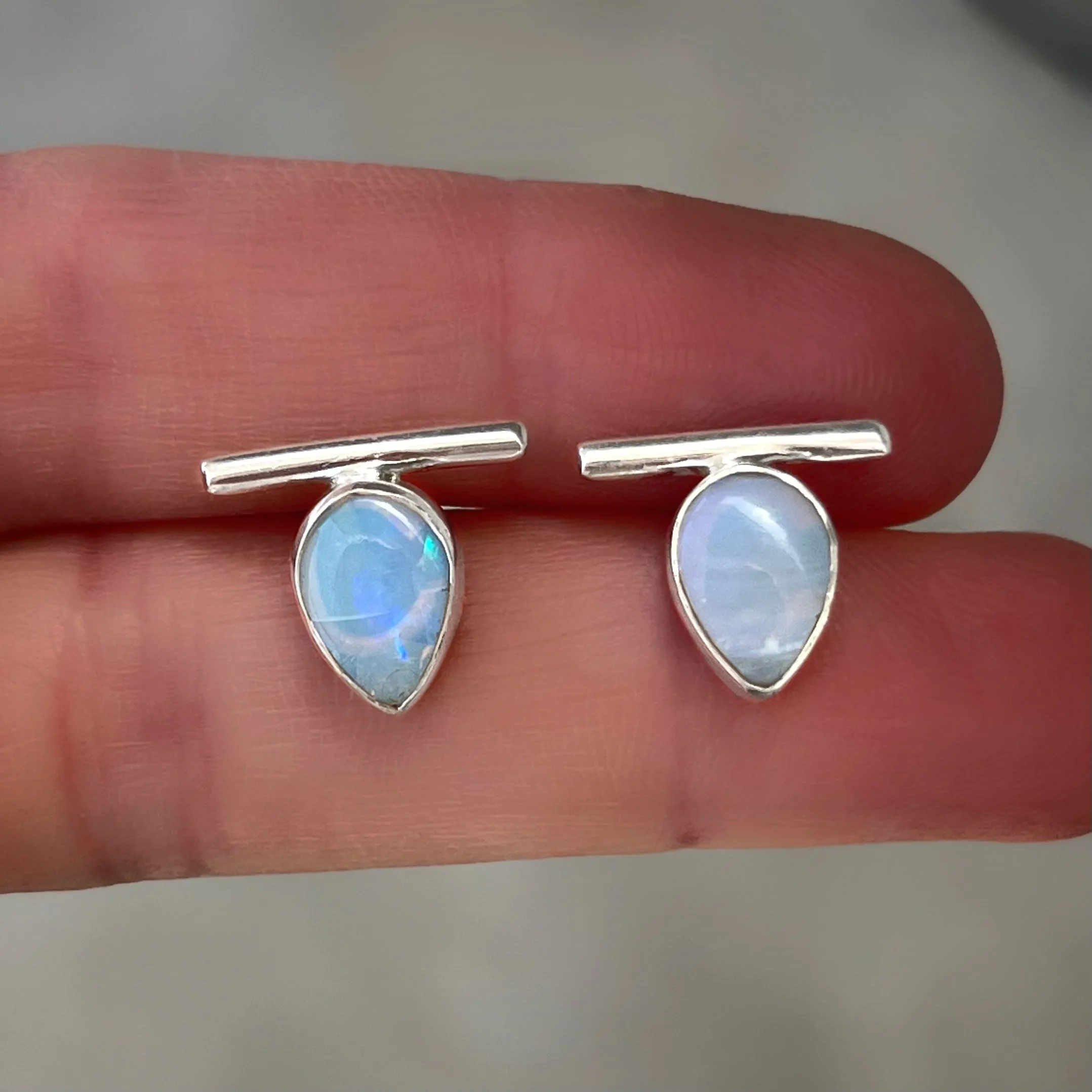 Teardrop opal bar studs in silver
