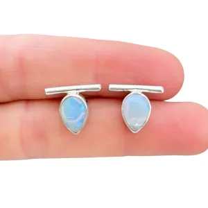 Teardrop opal bar studs in silver