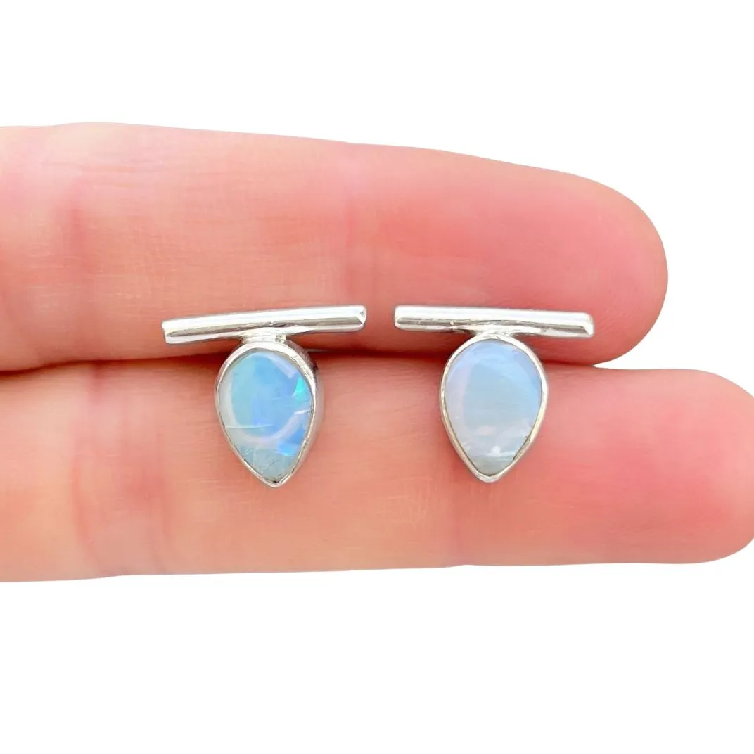Teardrop opal bar studs in silver