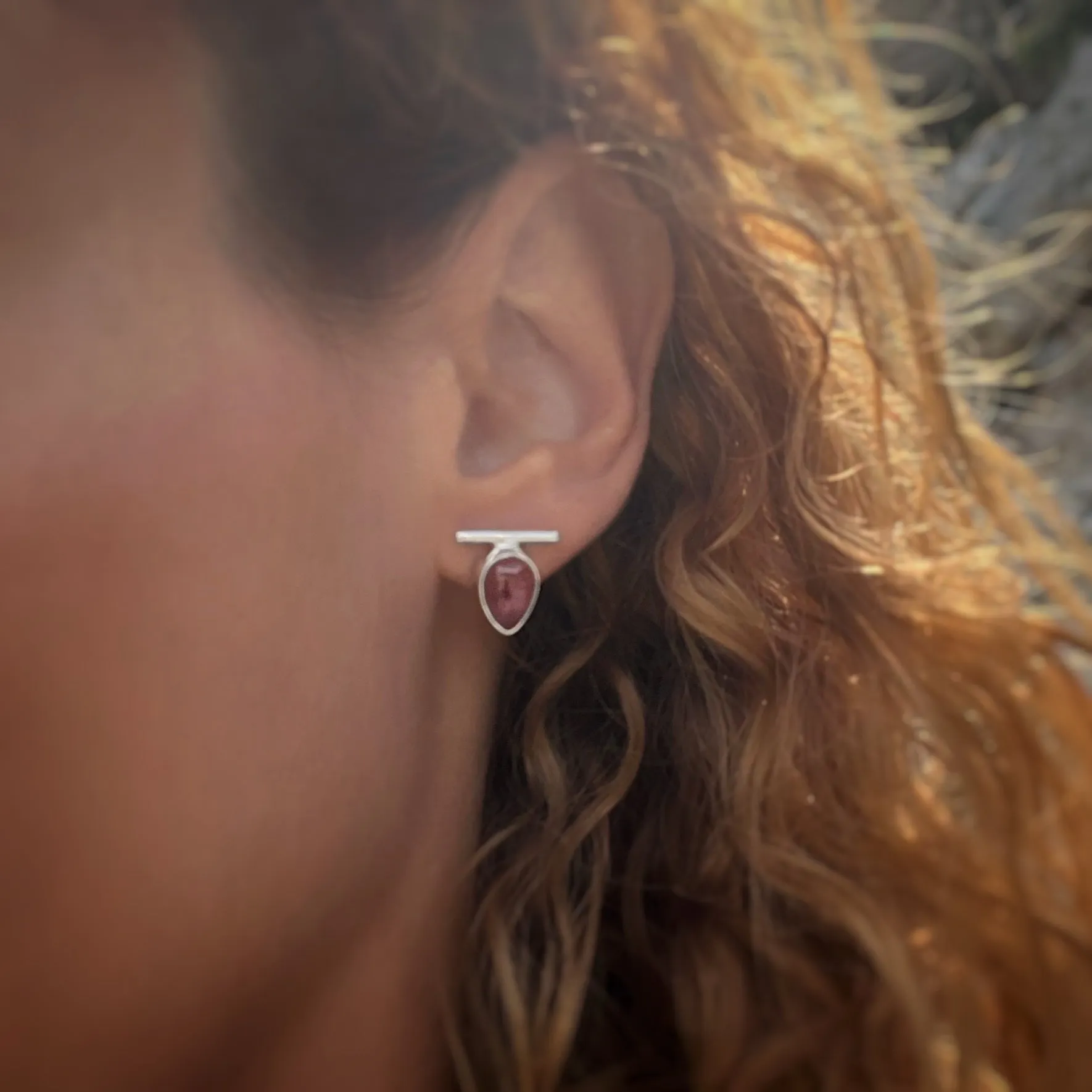 Teardrop tourmaline bar studs in silver