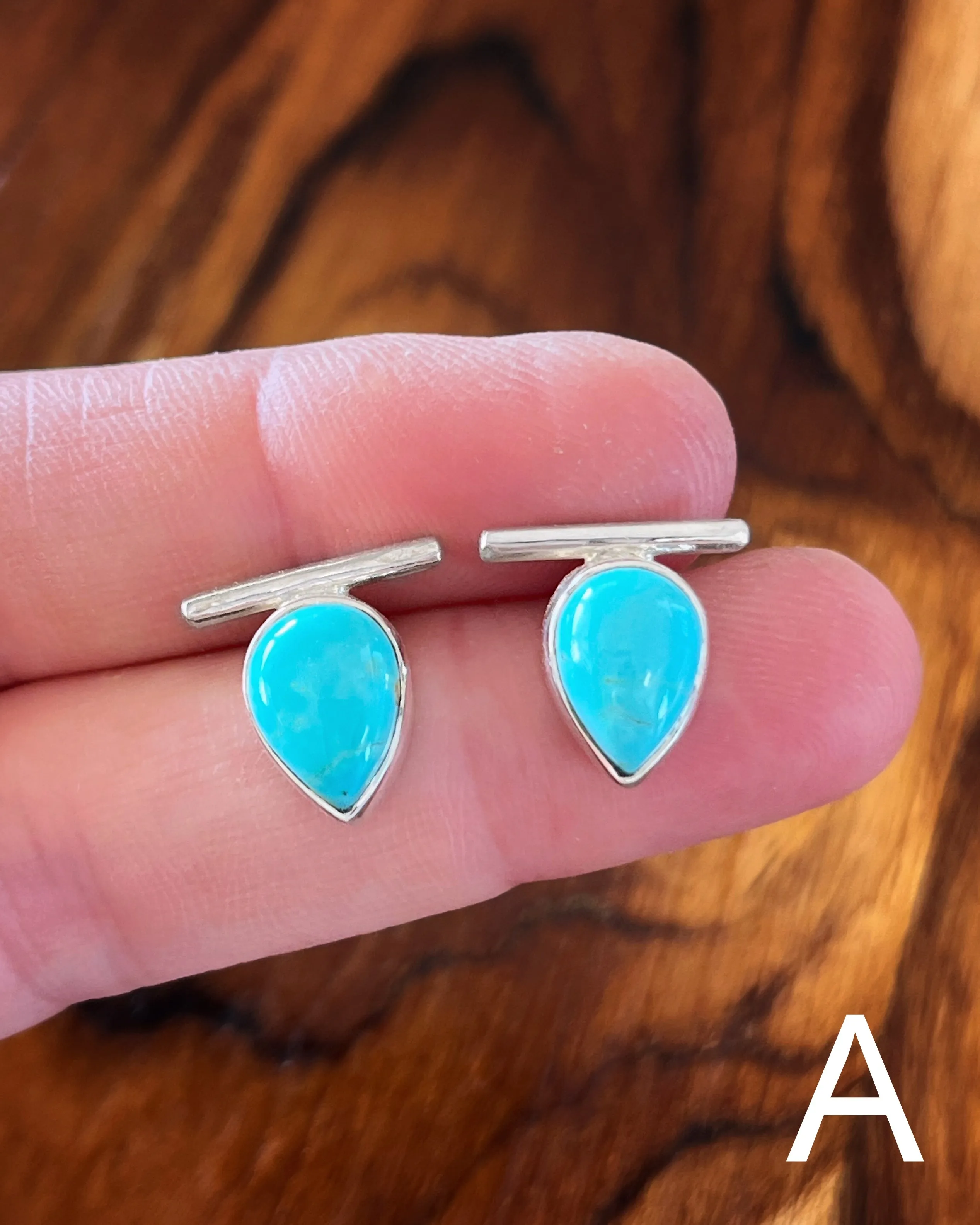 Teardrop turquoise bar studs in silver