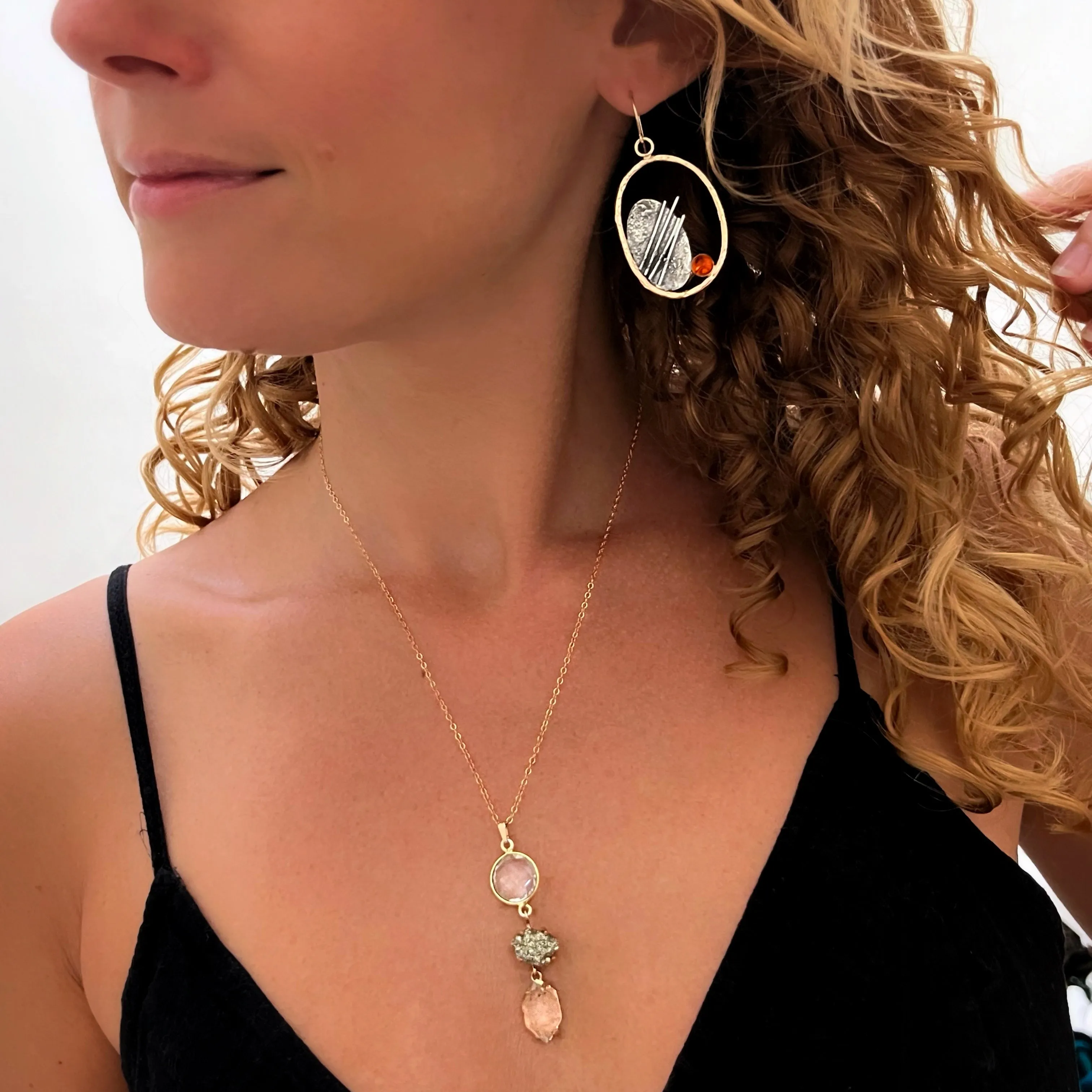 Textured hoops with amber in 14K gold-fill & silver