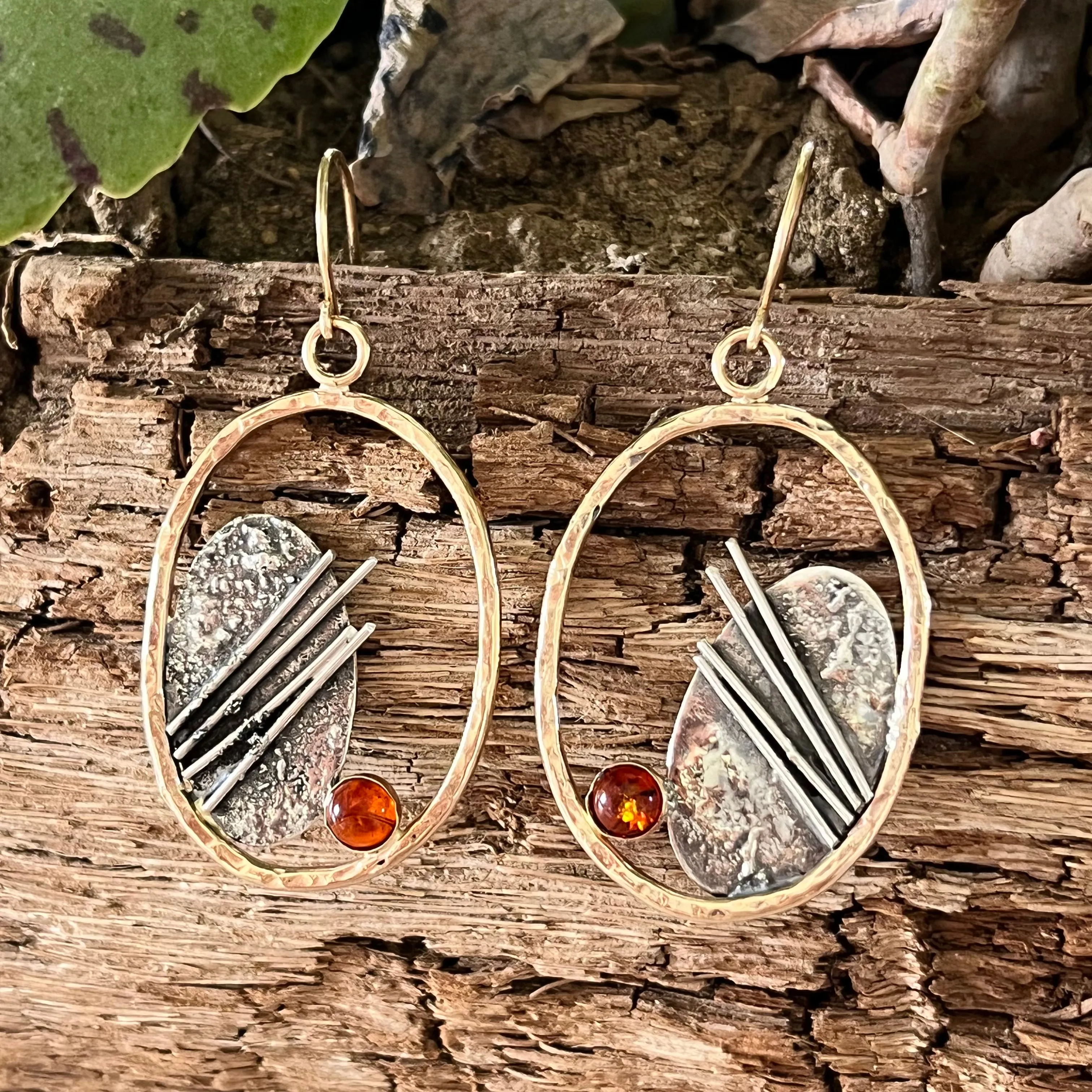 Textured hoops with amber in 14K gold-fill & silver