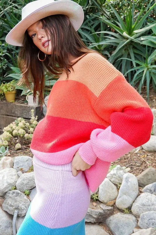 TIMING Junior Bold Rainbow Stripe Oversized Chunky Knit Pullover