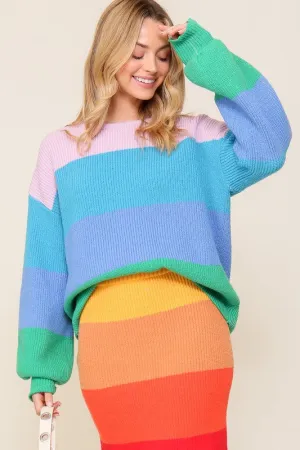 TIMING Junior Bold Rainbow Stripe Oversized Chunky Knit Pullover