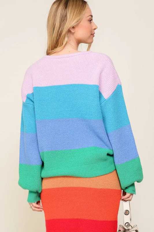 TIMING Junior Bold Rainbow Stripe Oversized Chunky Knit Pullover