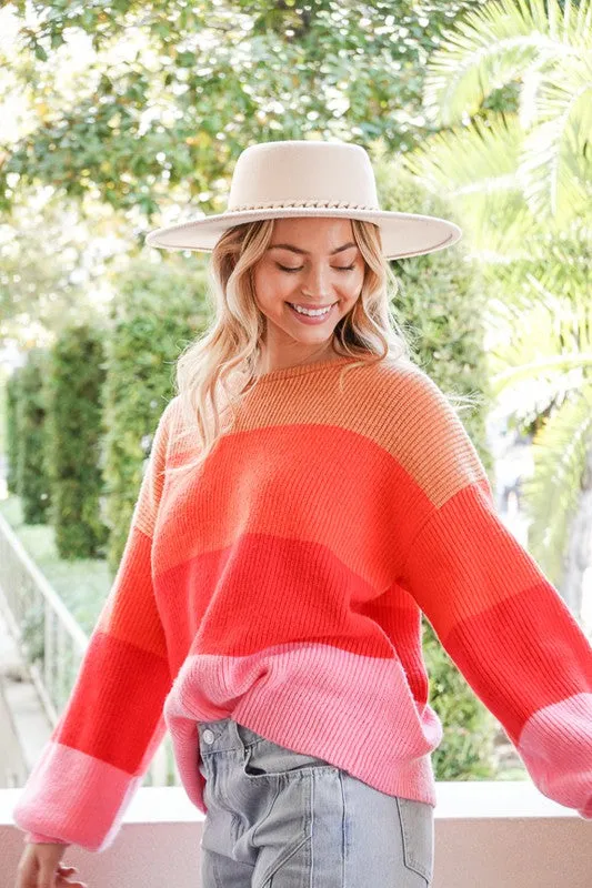 TIMING Junior Bold Rainbow Stripe Oversized Chunky Knit Pullover