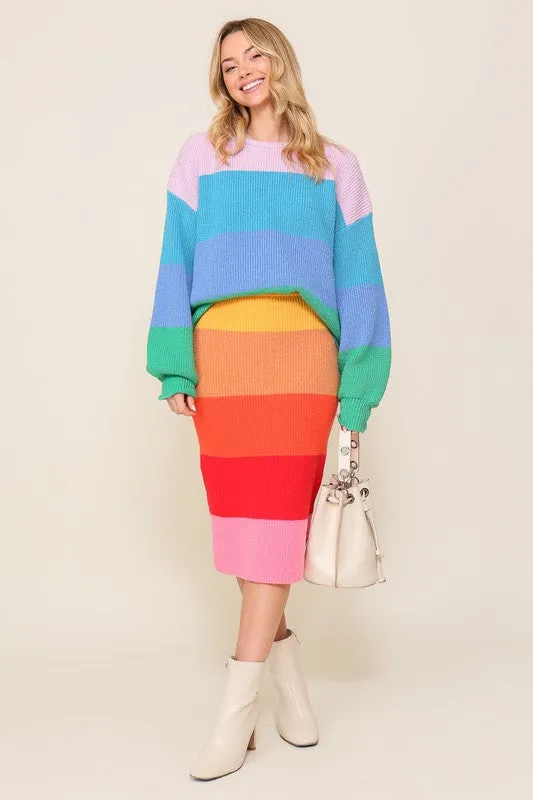 TIMING Junior Bold Rainbow Stripe Oversized Chunky Knit Pullover