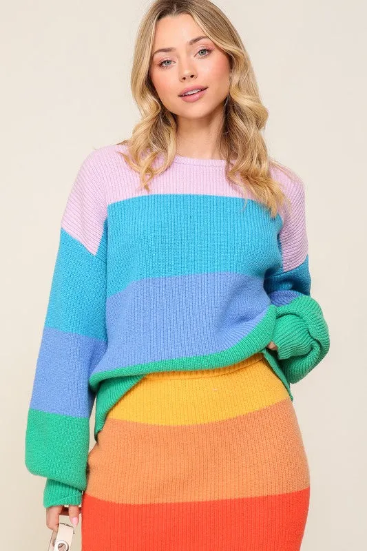 TIMING Junior Bold Rainbow Stripe Oversized Chunky Knit Pullover
