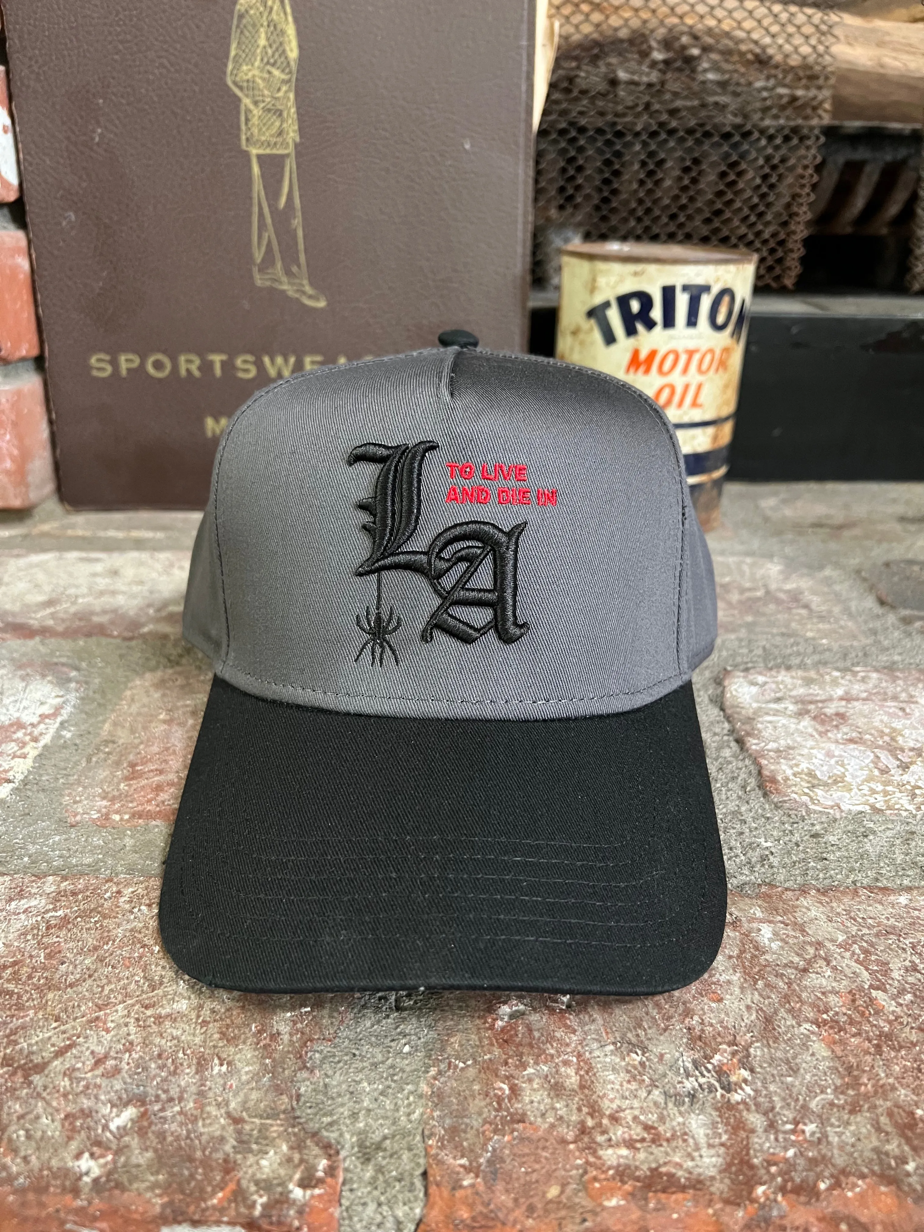 To live and Die in LA 5 Panel Snap Back Cap in Dark Gray/Black