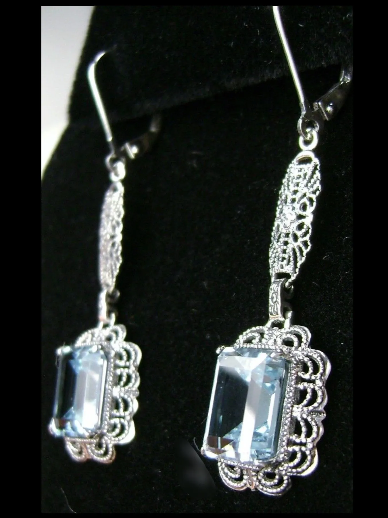 Topaz Earrings, Natural Blue Topaz Gemstones, Long Festoon Filigree #E8