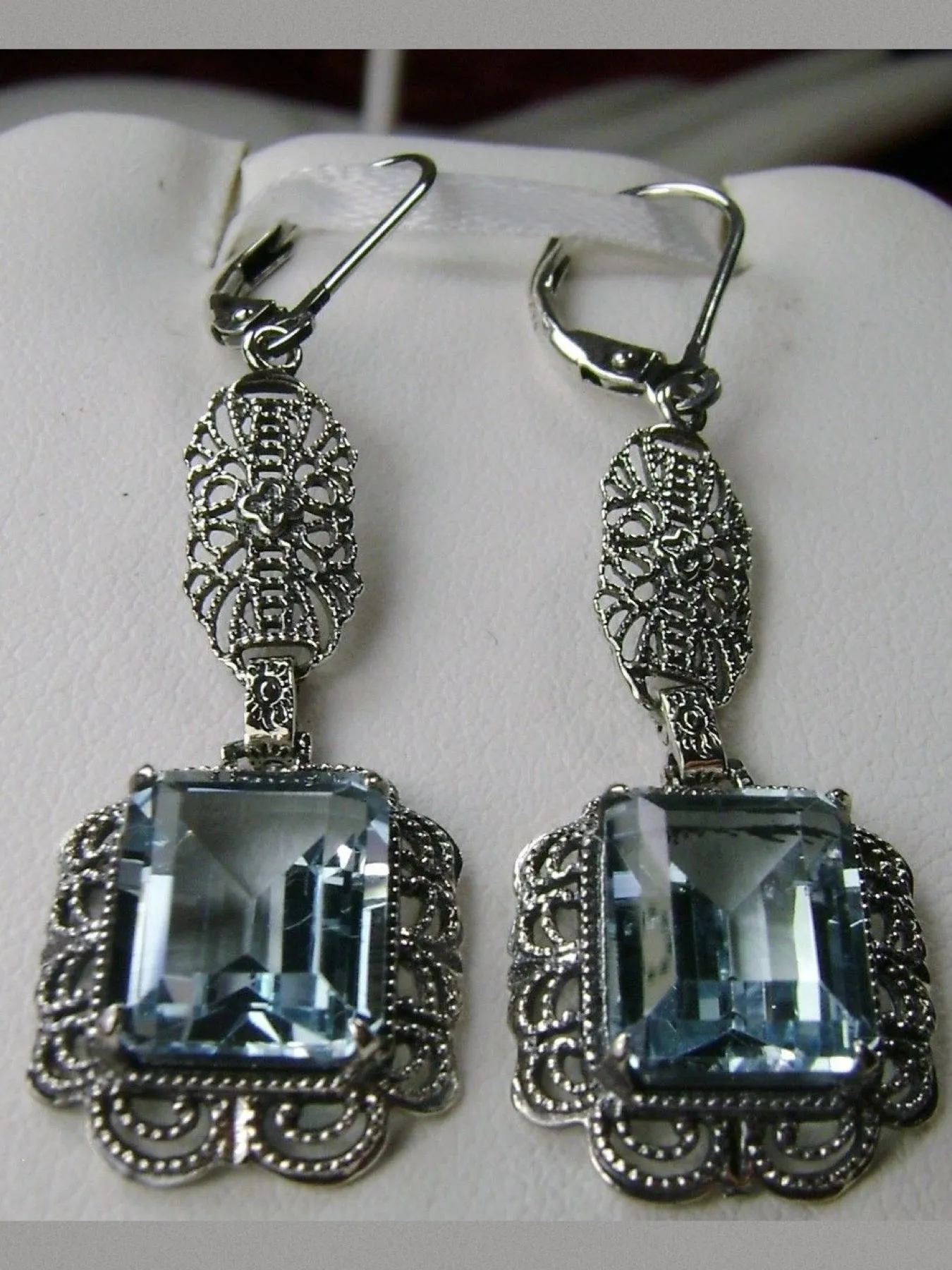 Topaz Earrings, Natural Blue Topaz Gemstones, Long Festoon Filigree #E8