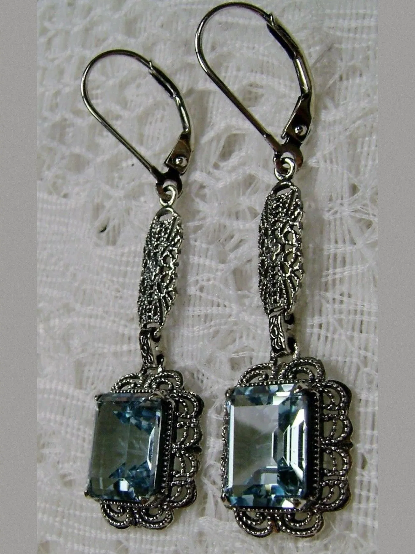 Topaz Earrings, Natural Blue Topaz Gemstones, Long Festoon Filigree #E8