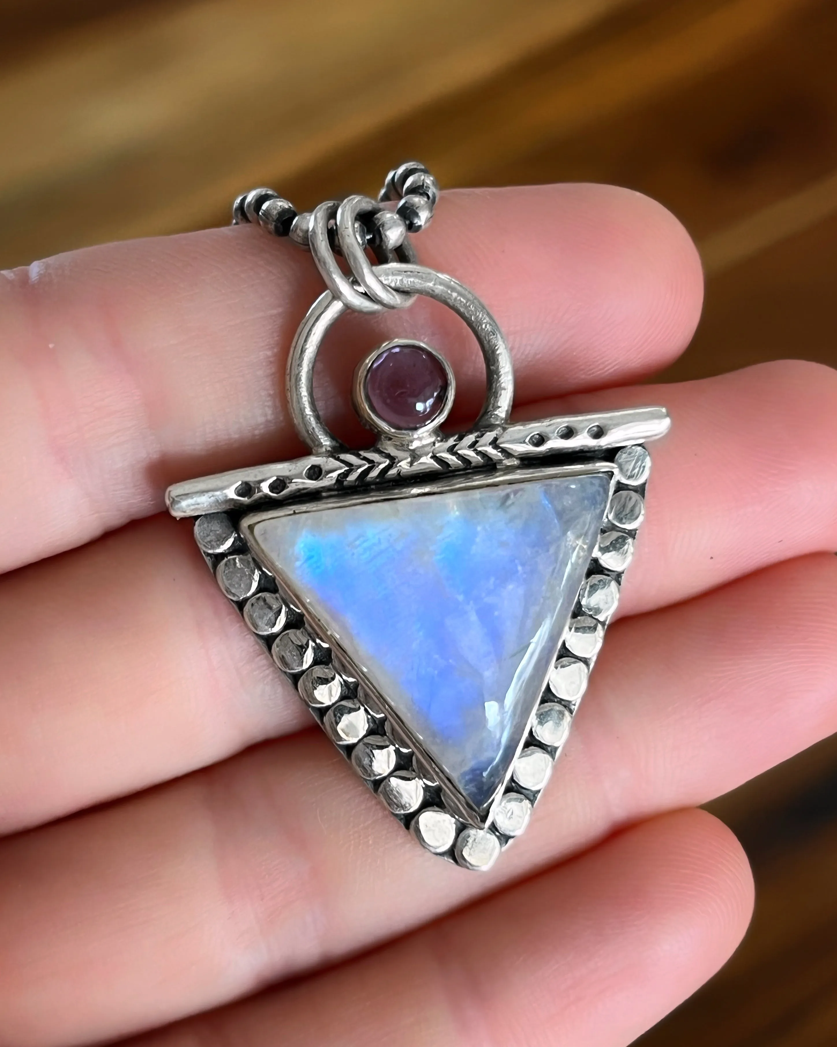 Triangle moonstone & amethyst necklace in silver