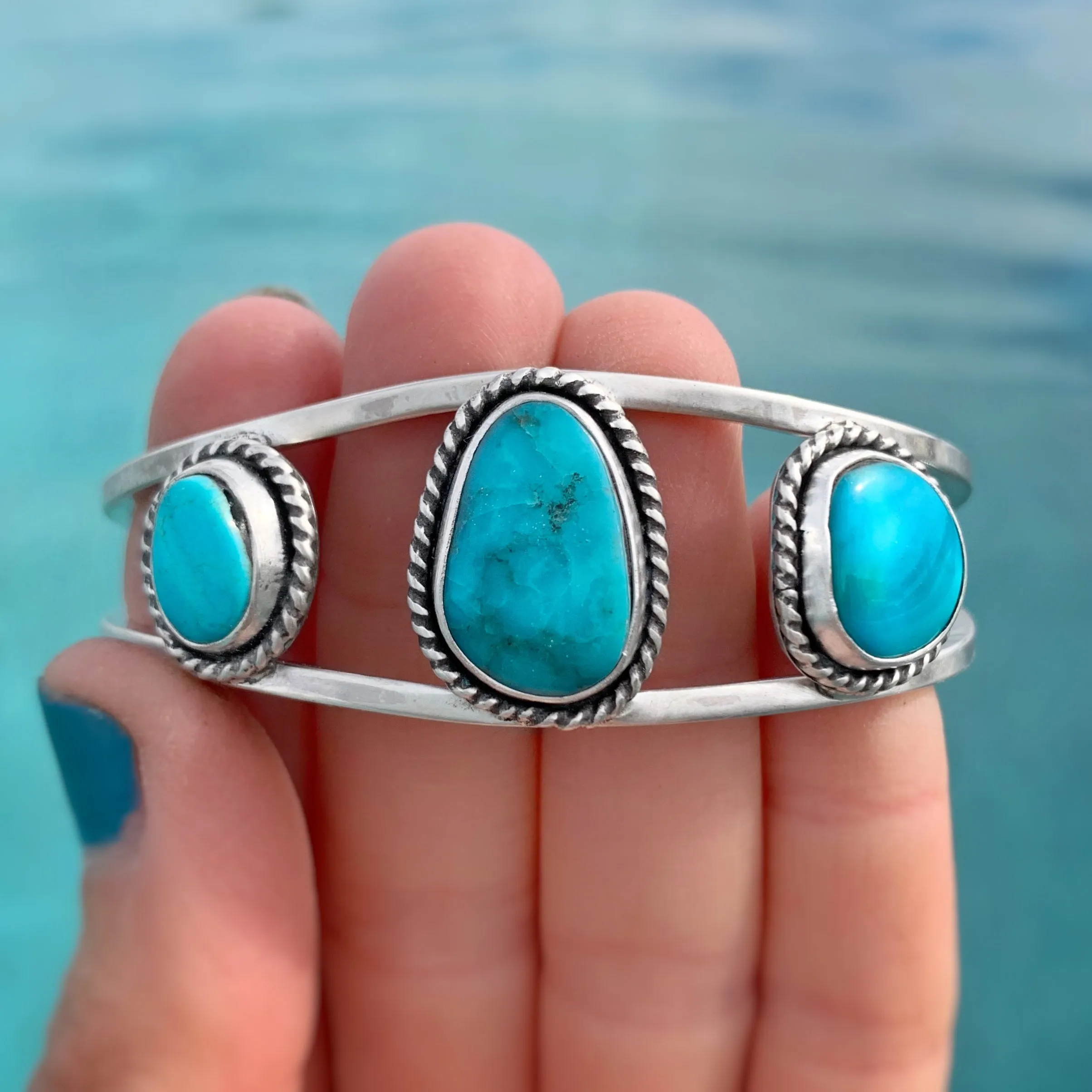 Triple-turquoise statement cuff in silver