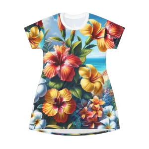 Tropical Floral T-Shirt Dress - Summer Vibes, Beach Ready