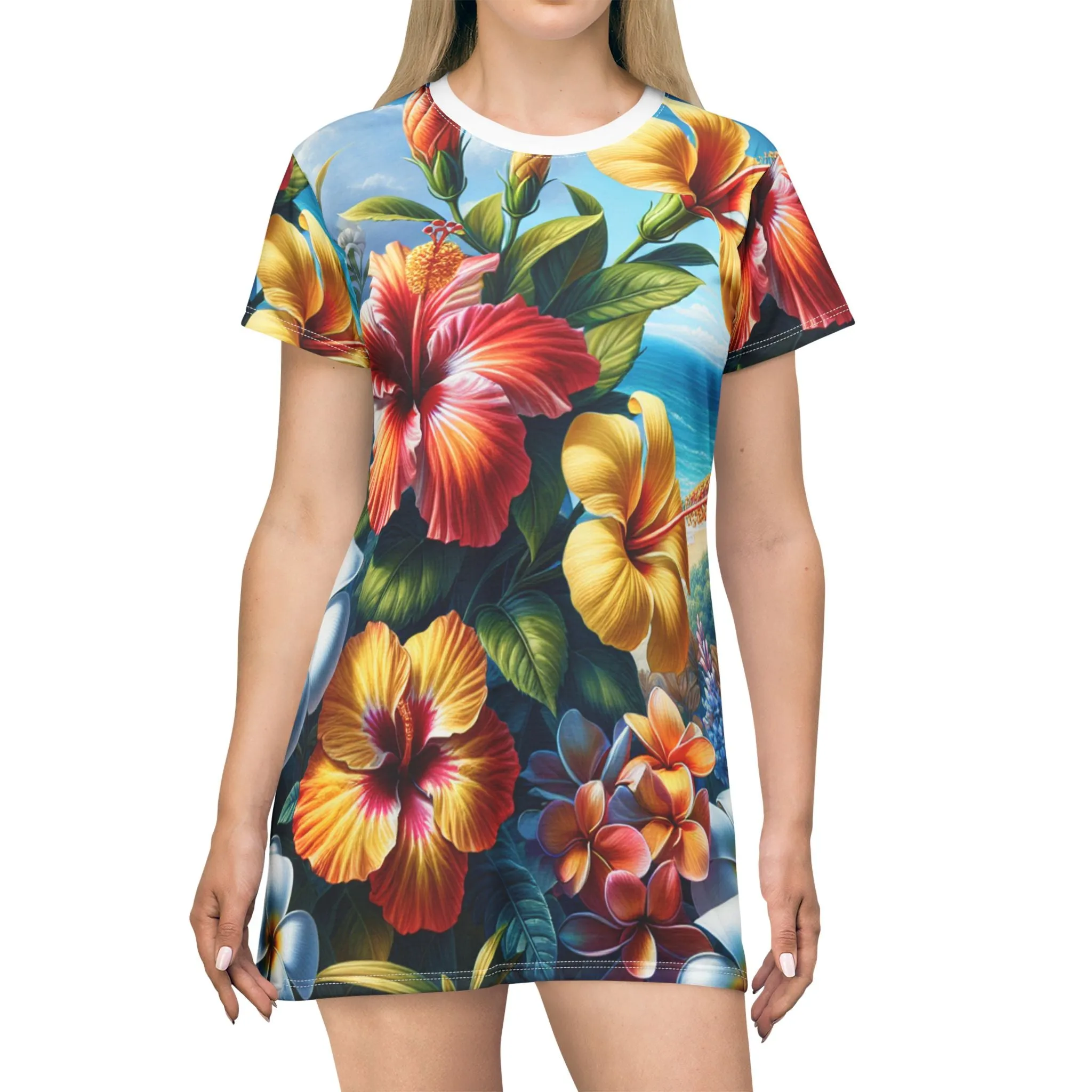 Tropical Floral T-Shirt Dress - Summer Vibes, Beach Ready