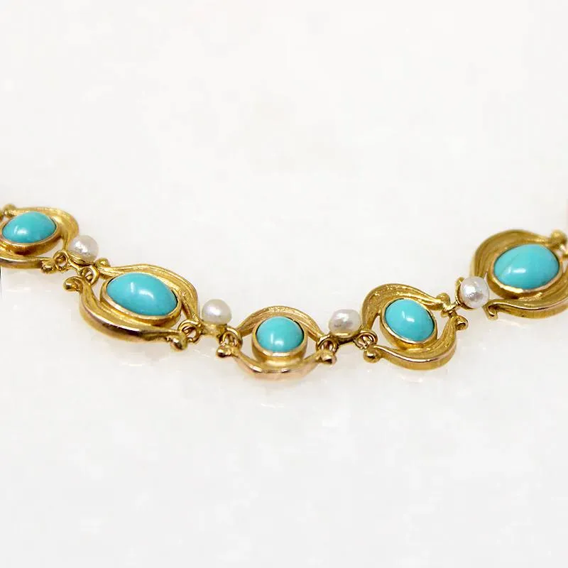 Turquoise & Pearl Art Nouveau Bracelet in Engraved Gold