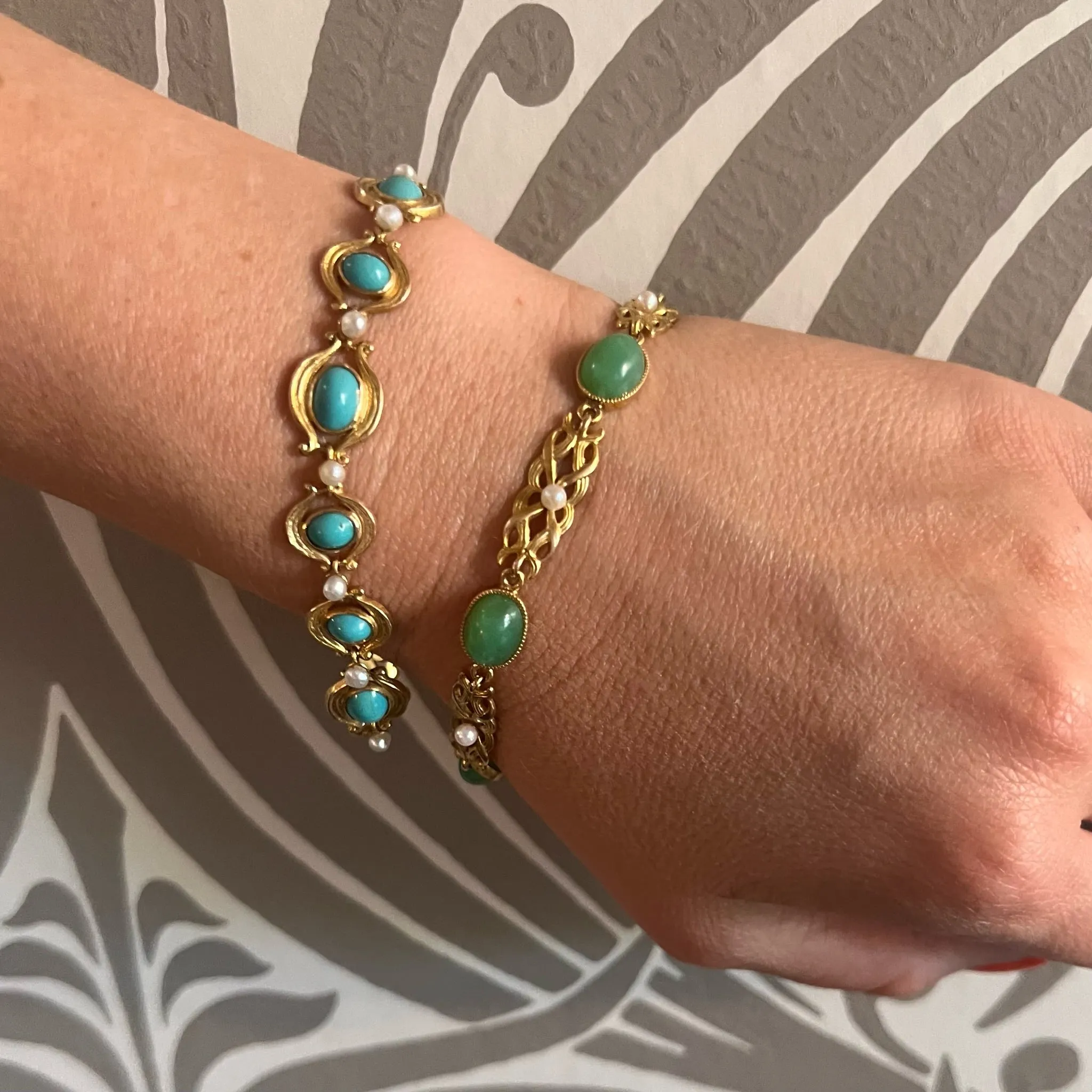 Turquoise & Pearl Art Nouveau Bracelet in Engraved Gold