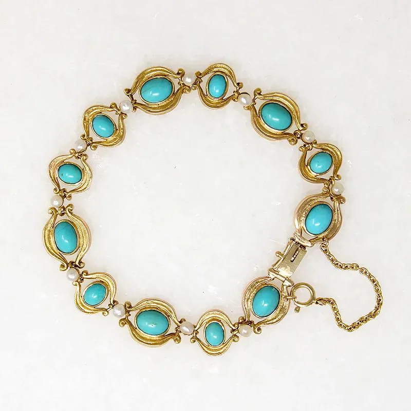 Turquoise & Pearl Art Nouveau Bracelet in Engraved Gold