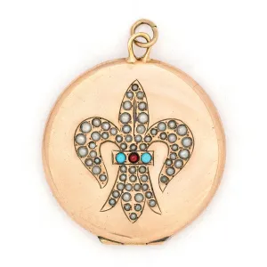 Turquoise & Pearl Fleur De Lis Antique Locket