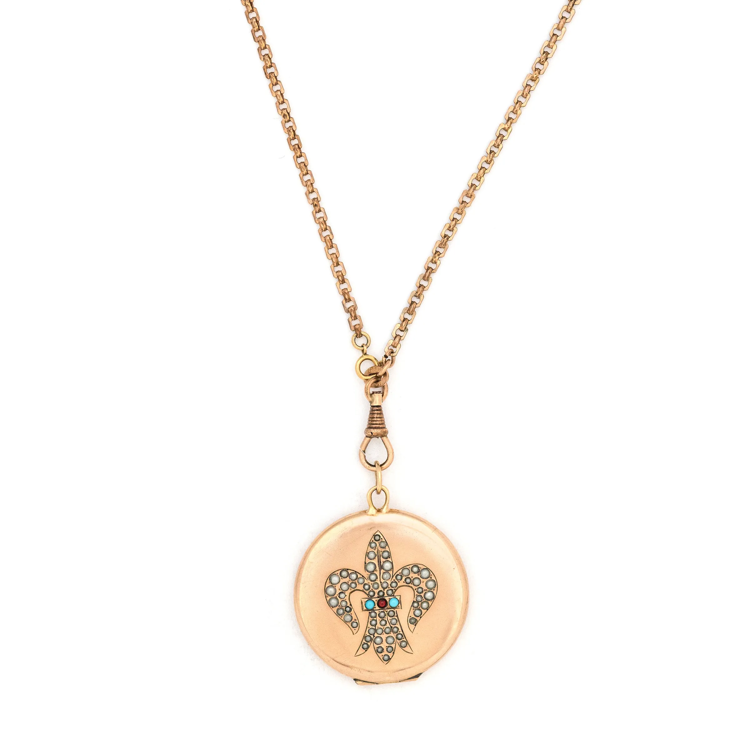 Turquoise & Pearl Fleur De Lis Antique Locket