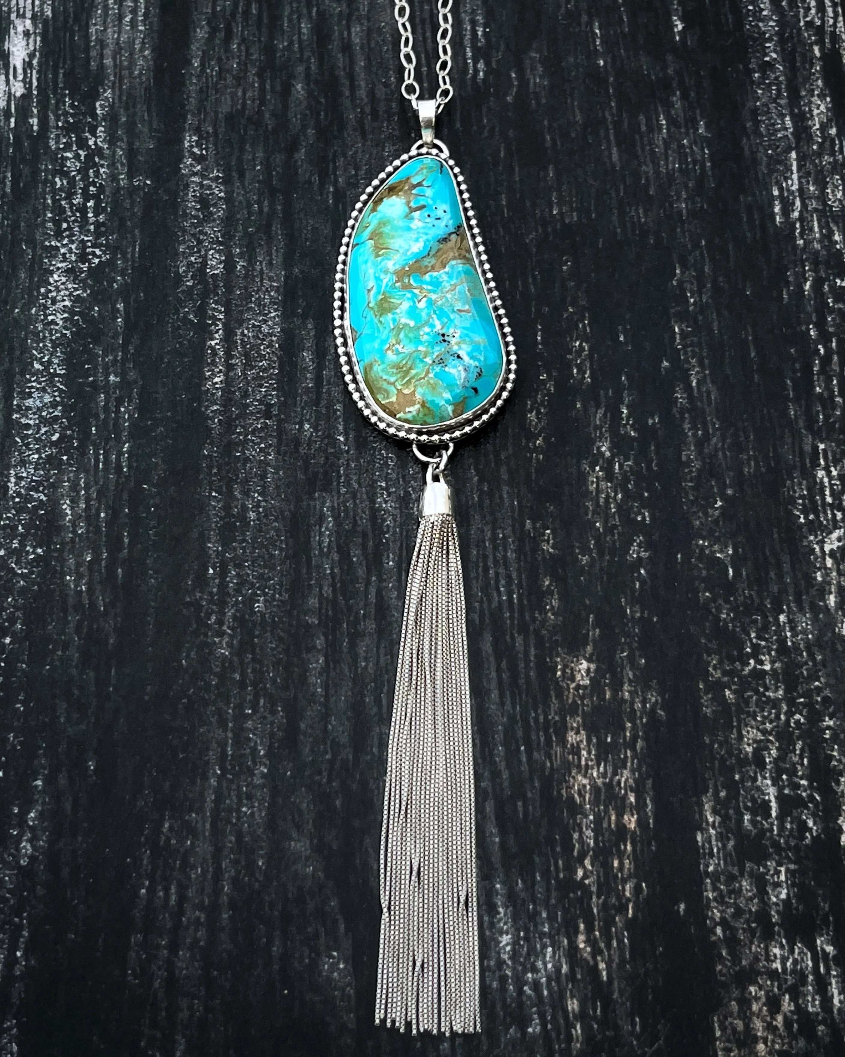 Turquoise statement necklace with tassel in silver