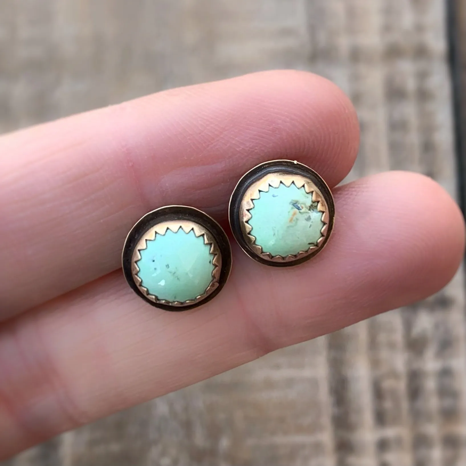 Turquoise studs with removable ear jackets in brass with 14K gold-filled ear posts