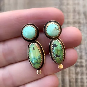 Turquoise studs with removable ear jackets in brass with 14K gold-filled ear posts