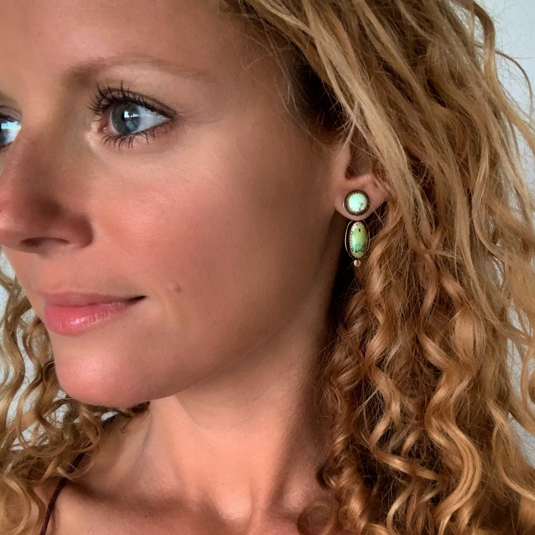 Turquoise studs with removable ear jackets in brass with 14K gold-filled ear posts