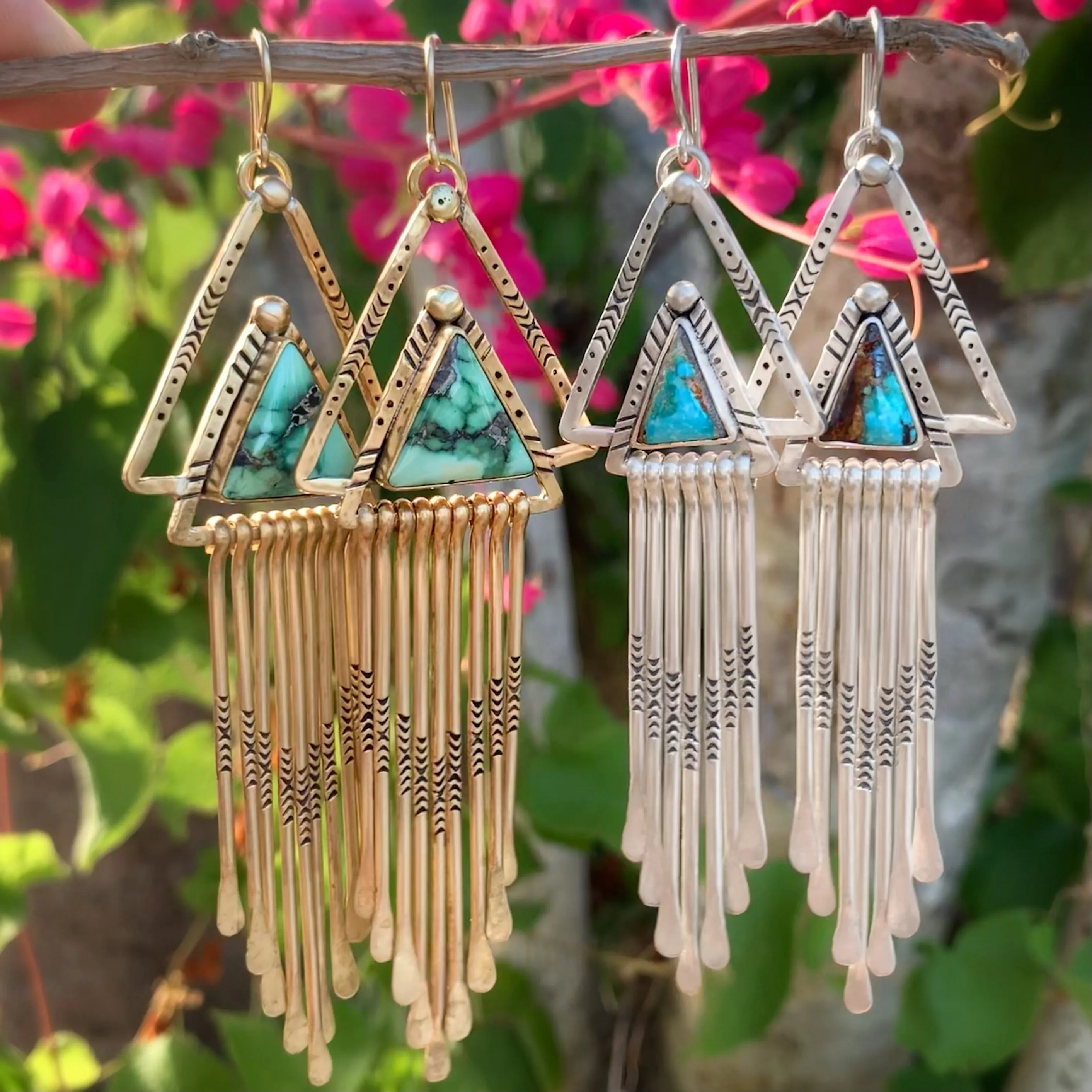 Turquoise triangle fringe earrings in silver
