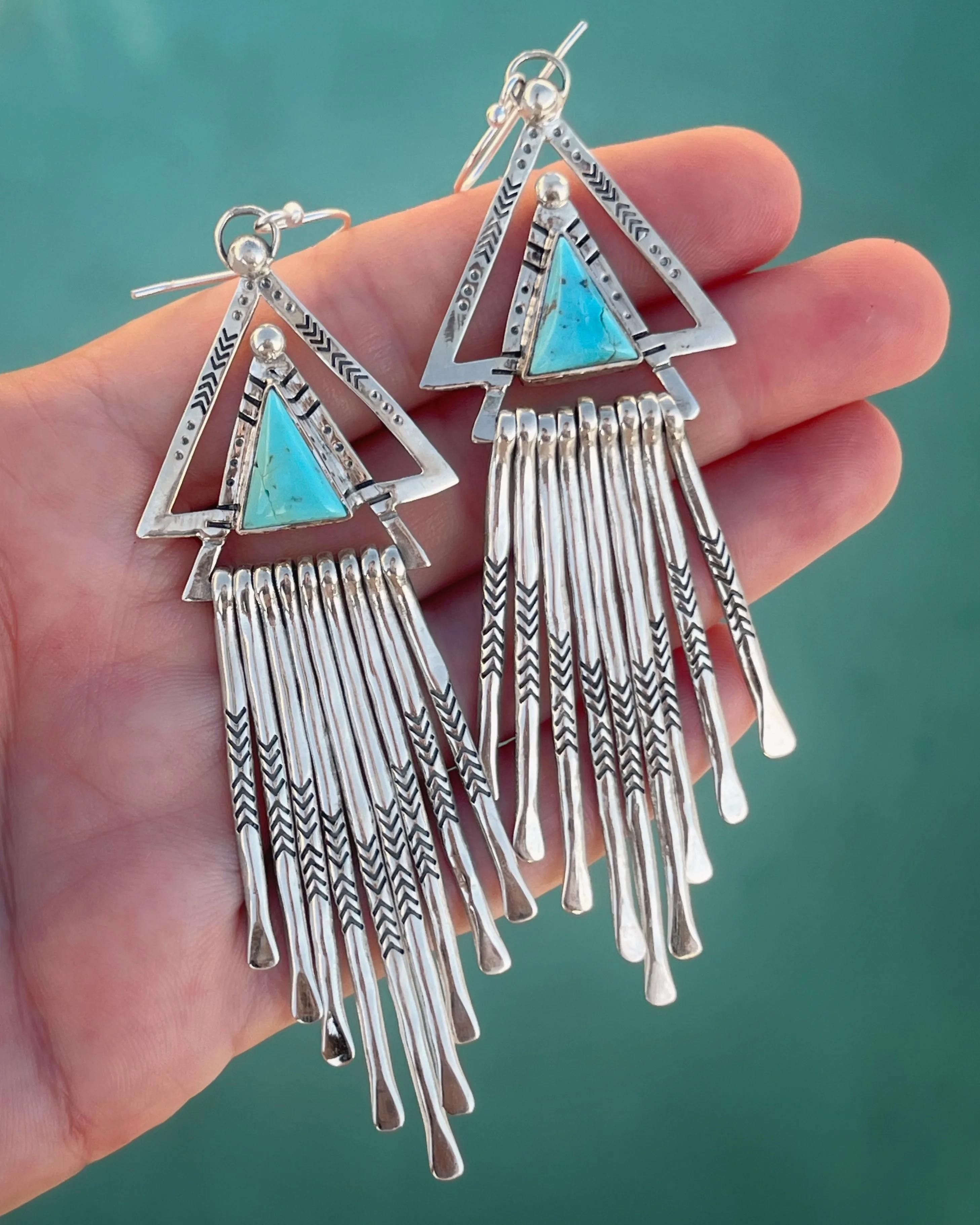 Turquoise triangle fringe earrings in silver
