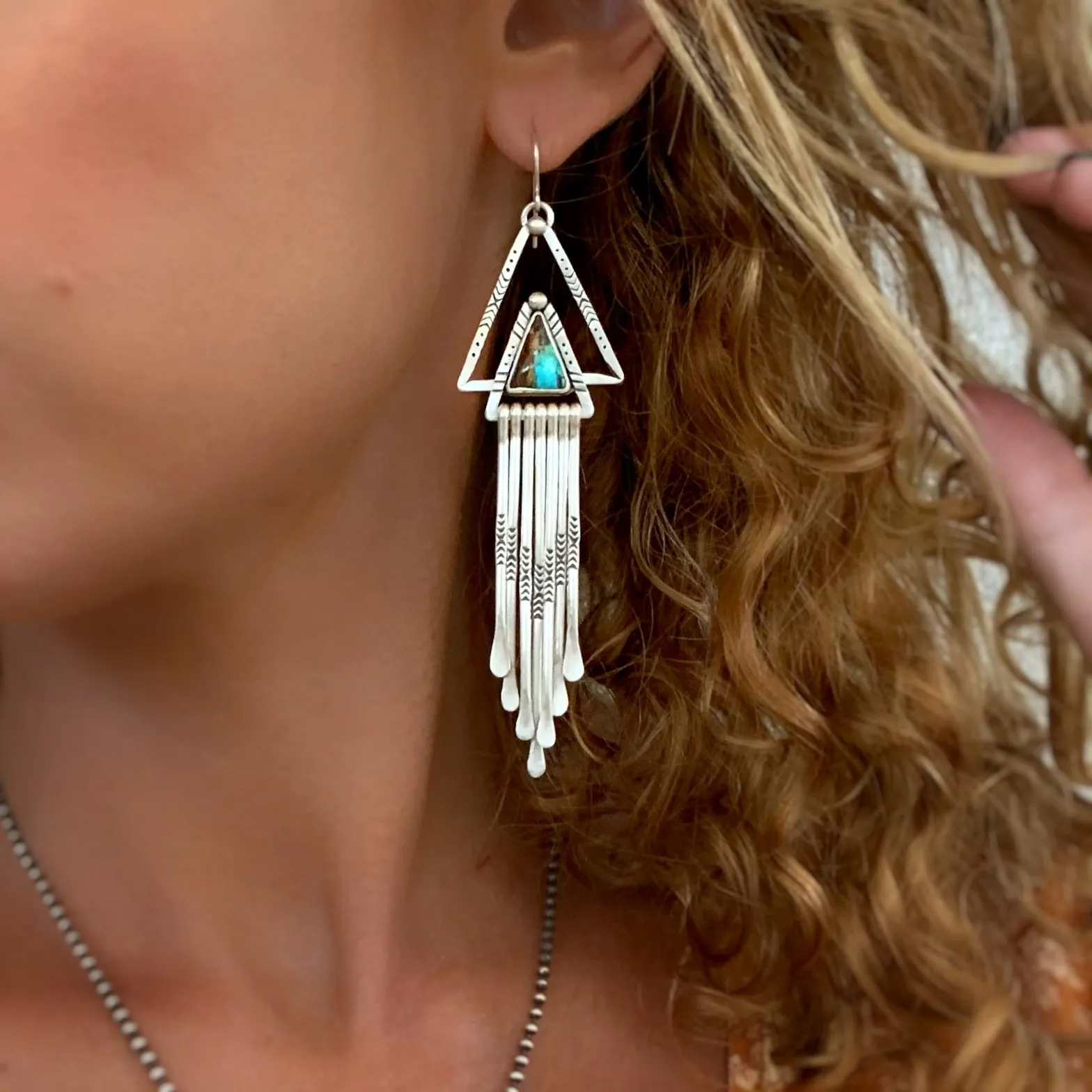 Turquoise triangle fringe earrings in silver
