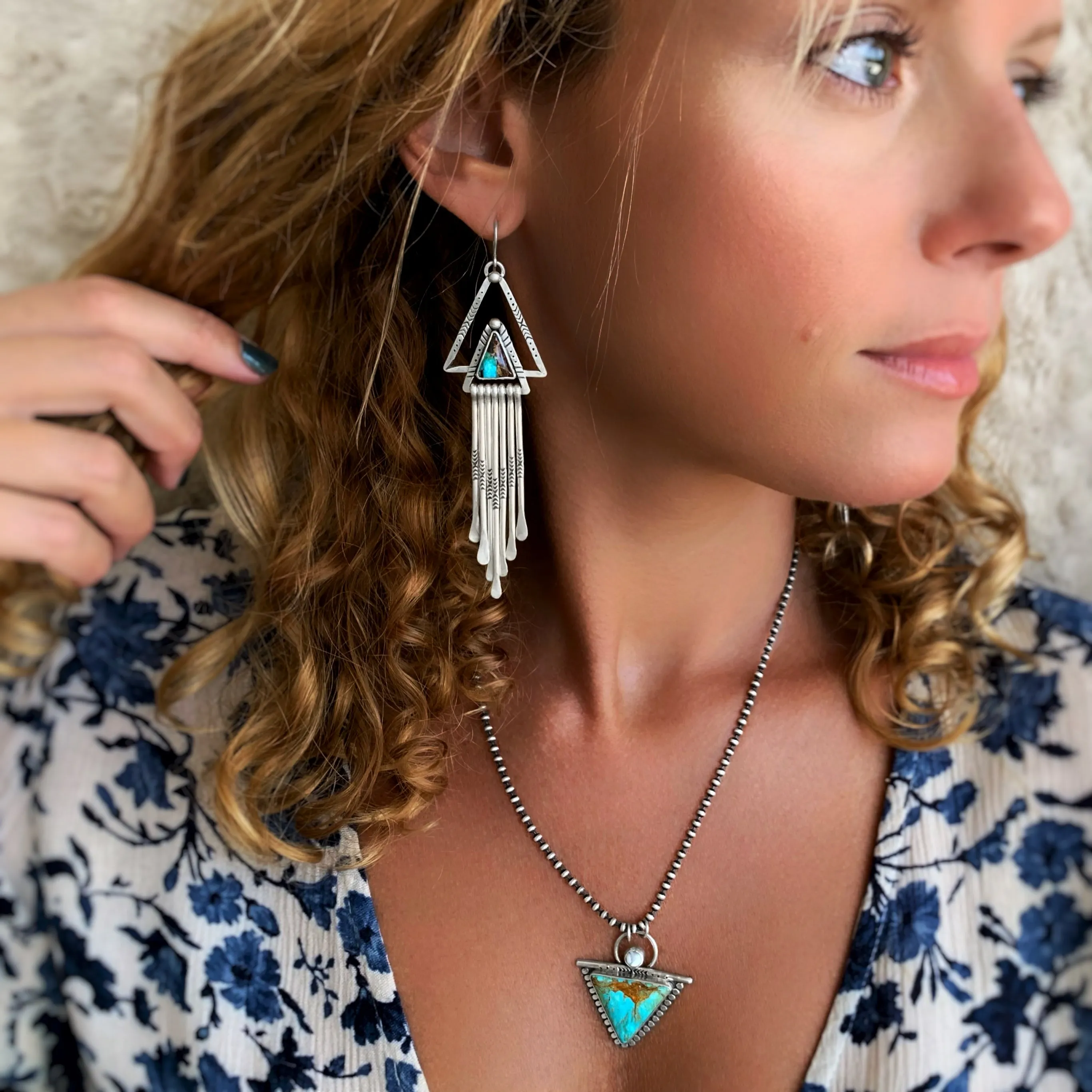 Turquoise triangle fringe earrings in silver