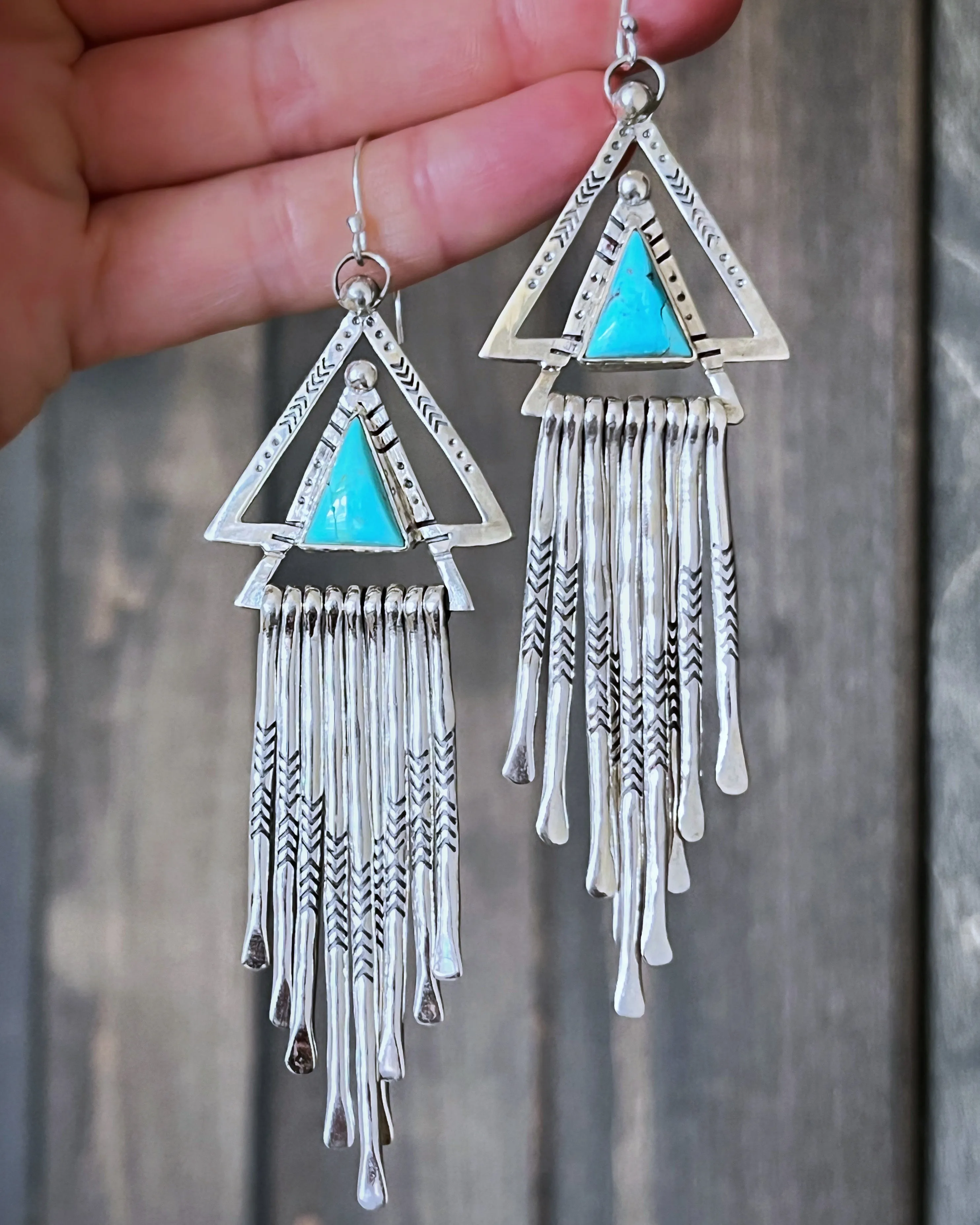 Turquoise triangle fringe earrings in silver