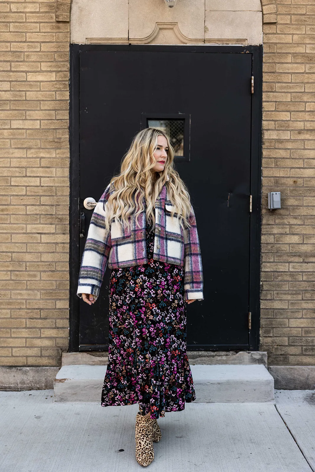 una jacket in pink plaid