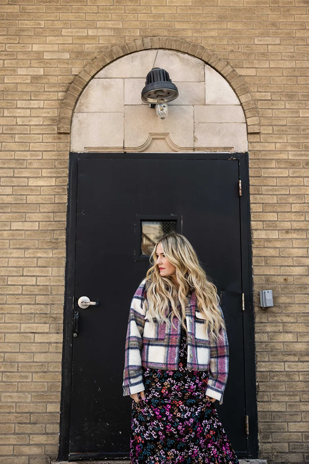 una jacket in pink plaid