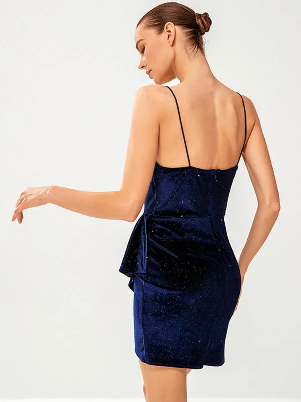 Velour Mini Dress with V-Neck and Ruched Draped Design