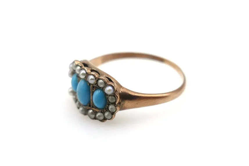 Victorian 14K Rose Gold Ring with Turquoise & Seed Pearls