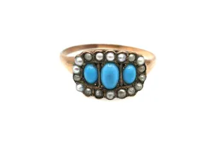 Victorian 14K Rose Gold Ring with Turquoise & Seed Pearls