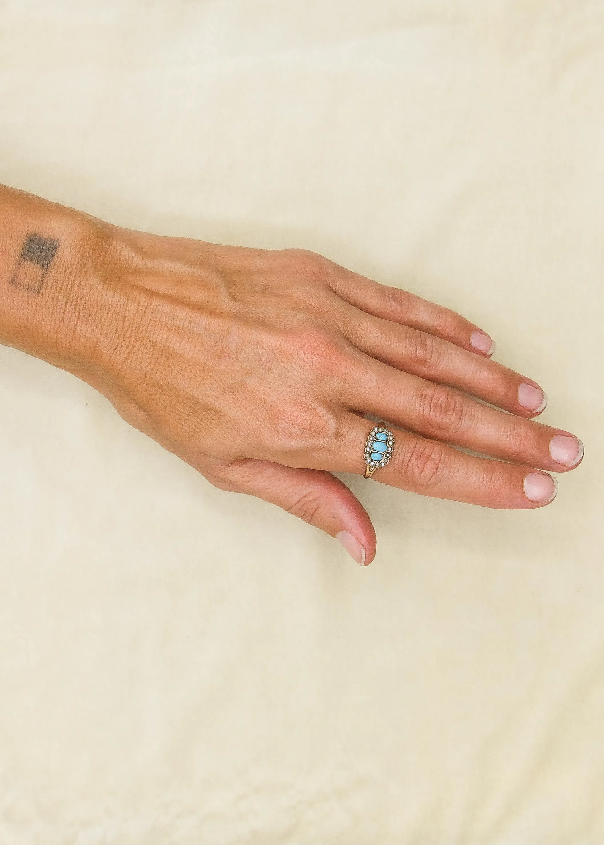 Victorian 14K Rose Gold Ring with Turquoise & Seed Pearls