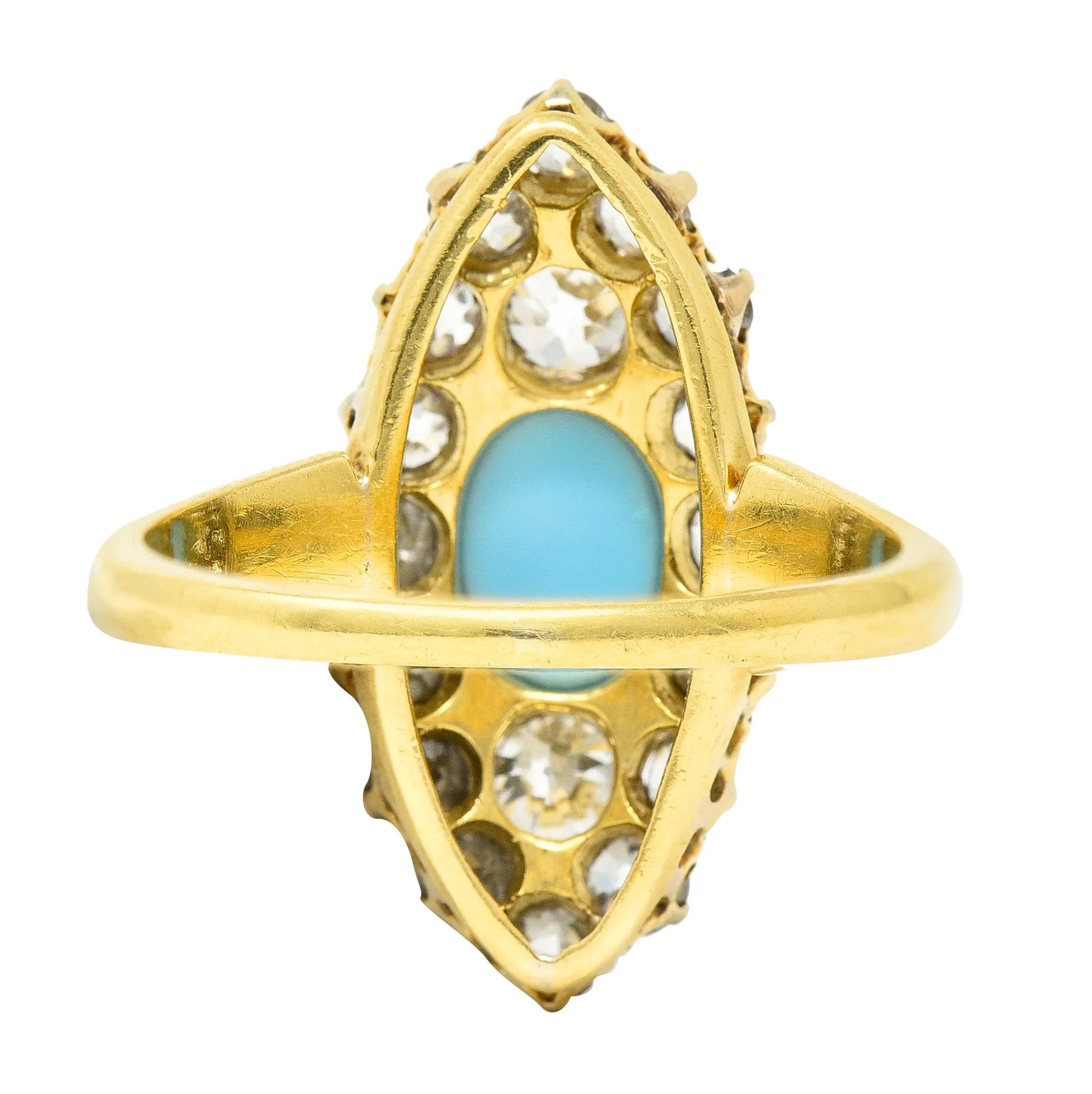 Victorian 1.68 CTW Old European Cut Diamond Turquoise 18 Karat Yellow Gold Antique Navette Cluster Ring
