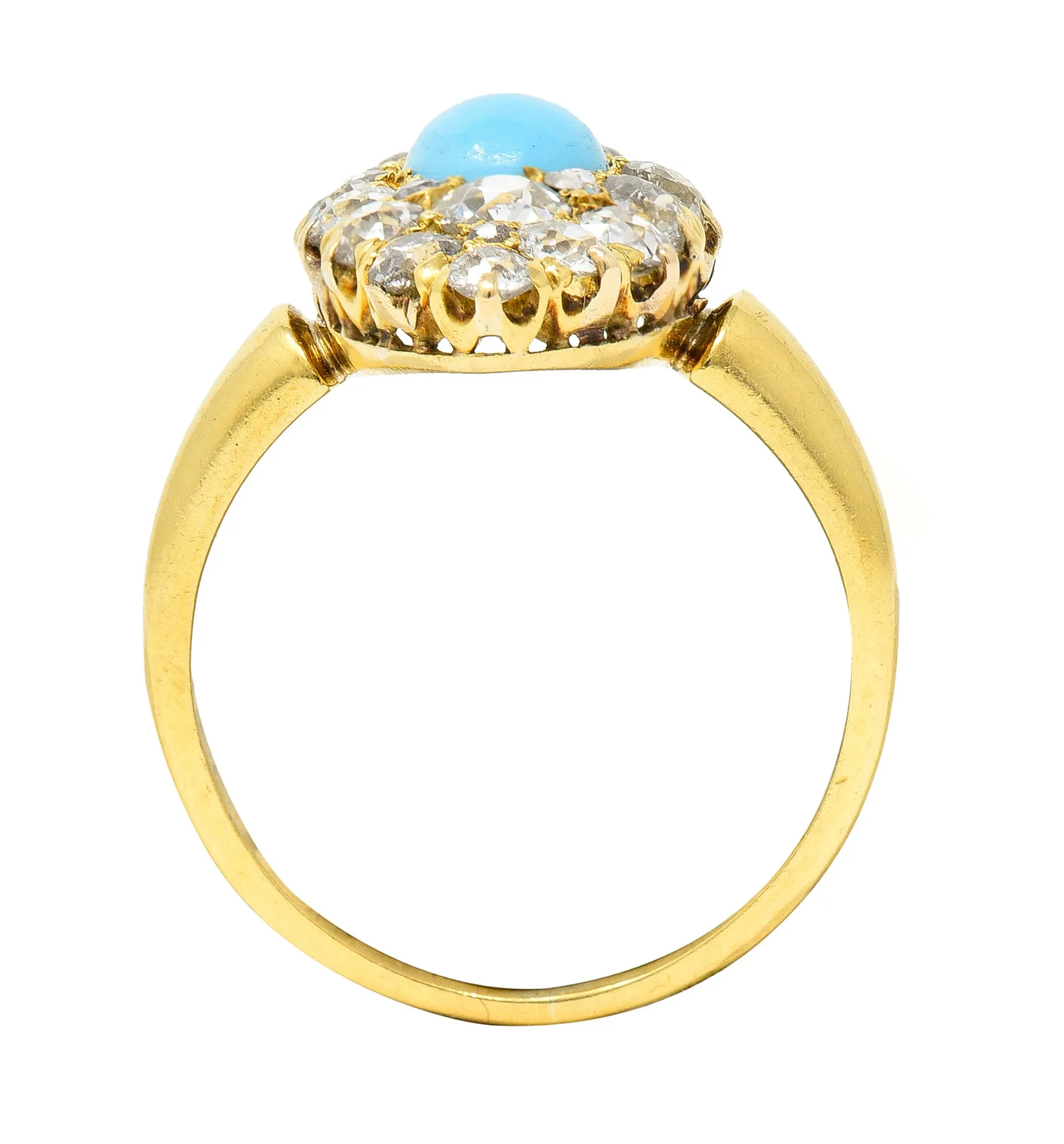 Victorian 1.68 CTW Old European Cut Diamond Turquoise 18 Karat Yellow Gold Antique Navette Cluster Ring